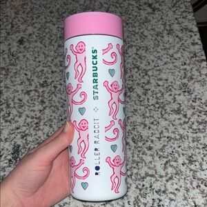 Starbucks Roller Rabbit Pink and White Tumbler with Monkey Design